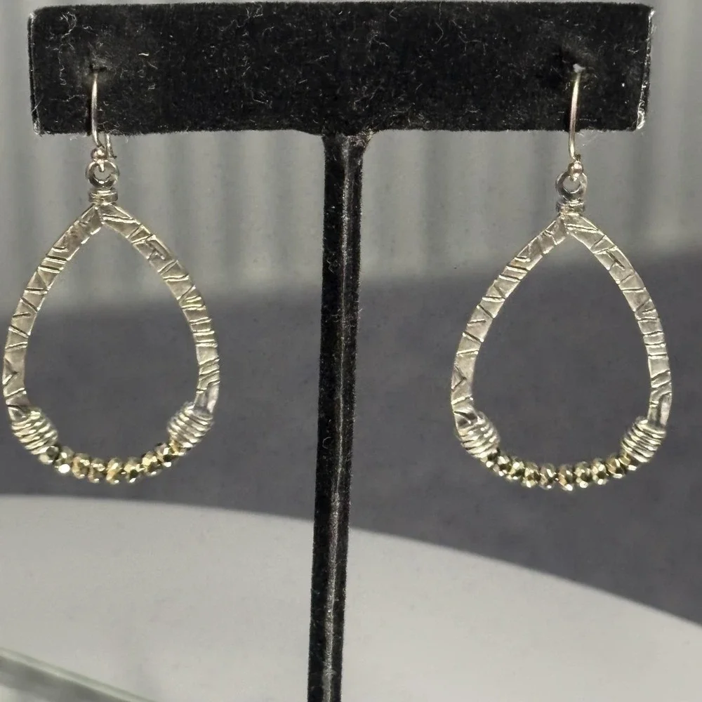 G&H‎ 925 Sterling Silver Teardrop Dangle Earrings Hammered Oxidized Beaded Hook